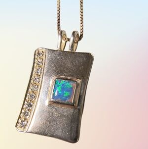 Blue Lab Opal, CZ And Sterling Silver Pendant Necklace